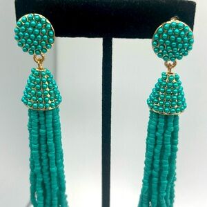 Turquoise Colored Seedbead Dangle Tassel Earrings Goldtone Boho Summer Beach